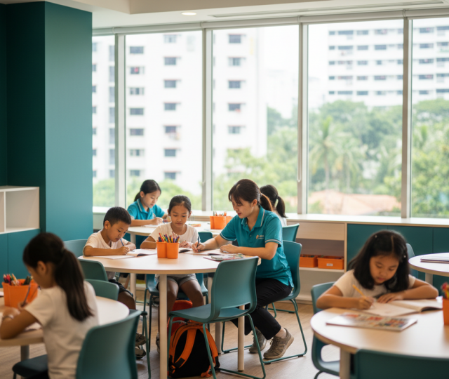 Diverse children in a Singapore care center studying with a caring educator, teal-green and orange accents.