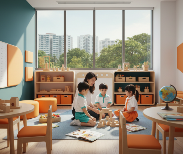 Modern preschool in Jurong West, Singapore; educator with children, natural light, bright colors.