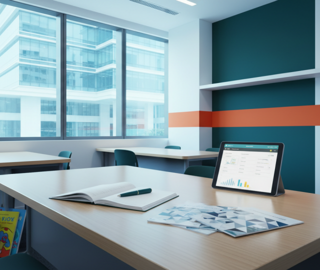 Modern Singapore classroom with desk, books, tablet, and warm lighting.
