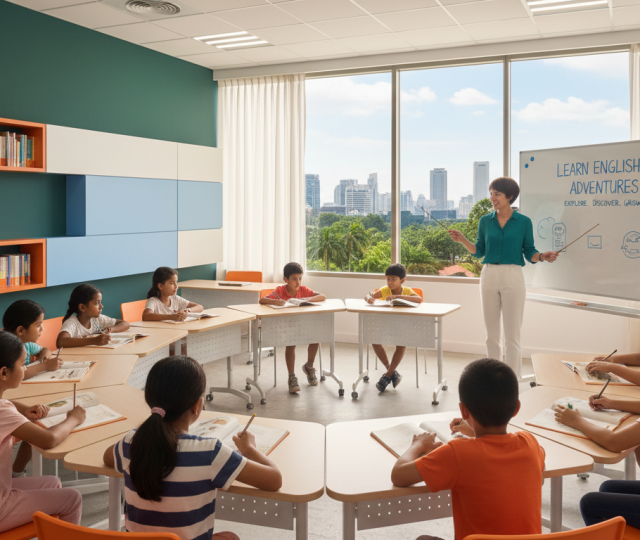 Modern Singapore classroom with diverse kids learning English, teacher at whiteboard.