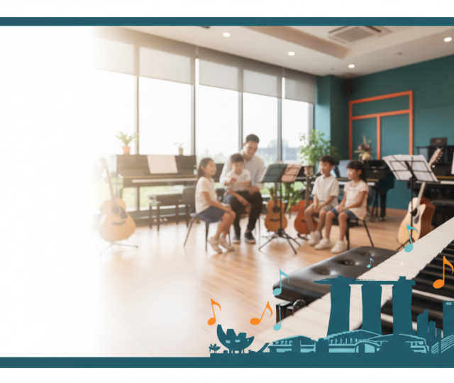 Modern Singapore music school with instruments, diverse students, warm lighting, teal and orange decor.
