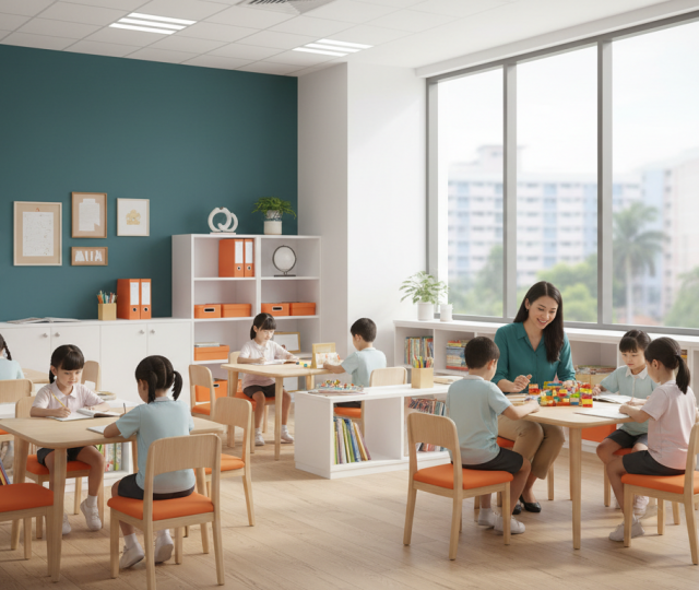 Modern Singapore student care room with diverse kids learning, teal-green walls, orange accents.