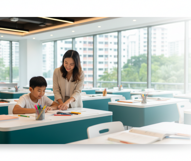 Modern tuition center in Singapore; child studying with tutor, bright and inviting space.