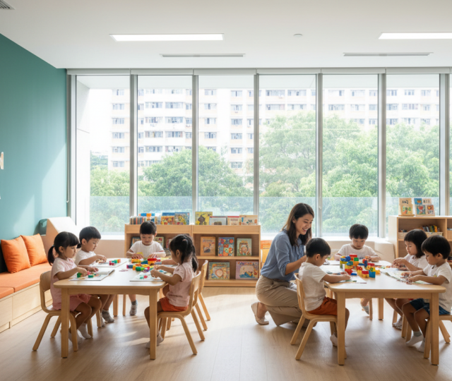 Preschool classroom in Singapore with diverse kids, educator, and modern decor.