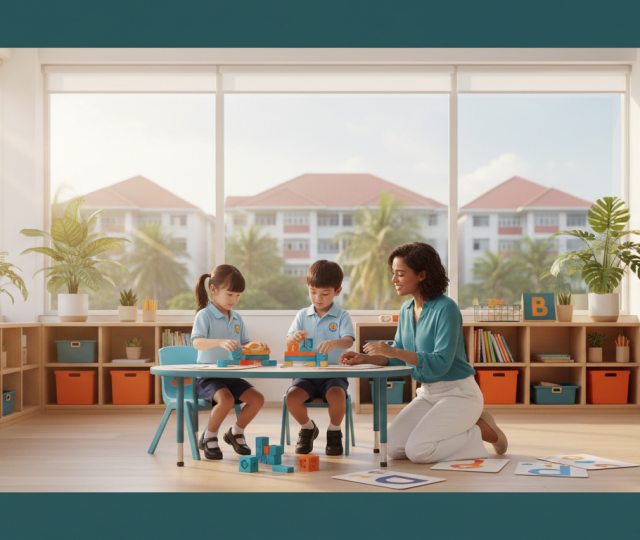 Preschool scene in Bishan, Singapore with Southeast Asian children learning with a teacher in a modern classroom.