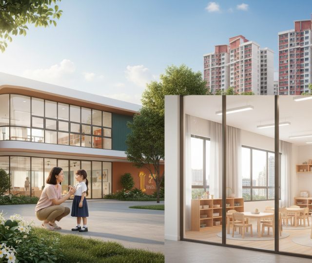 Singapore preschool with parent-child interaction, lush greenery, and Choa Chu Kang skyline.