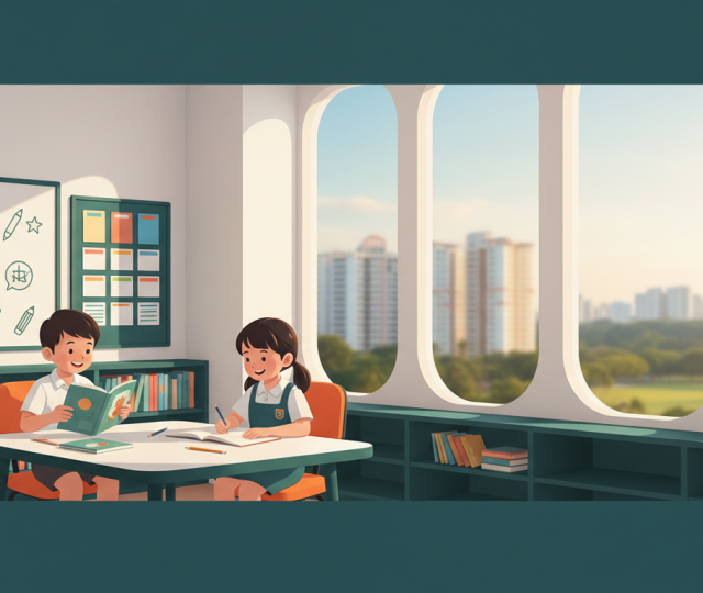 Singaporean children in school uniforms at a study table, warm student care centre, Ang Mo Kio skyline view.