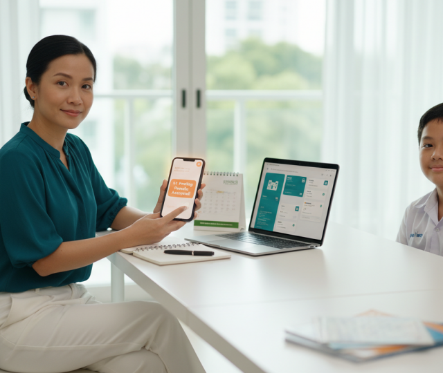 Singaporean parent at desk with phone showing S1 results; child in school uniform nearby.