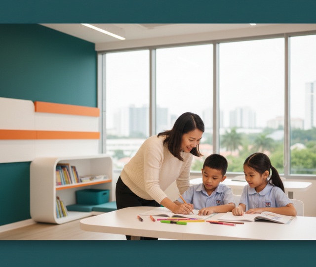 Southeast Asian educator helps diverse students at a modern Singapore care center.