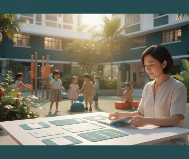 Southeast Asian parent reviews educational materials at an outdoor table in a sunlit Singapore HDB courtyard, surrounded by tropical greenery and children playing in the background.