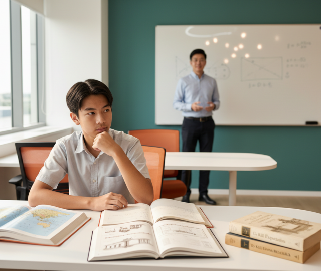 Teen student studies at modern Singapore tuition center desk with tutor and whiteboard.