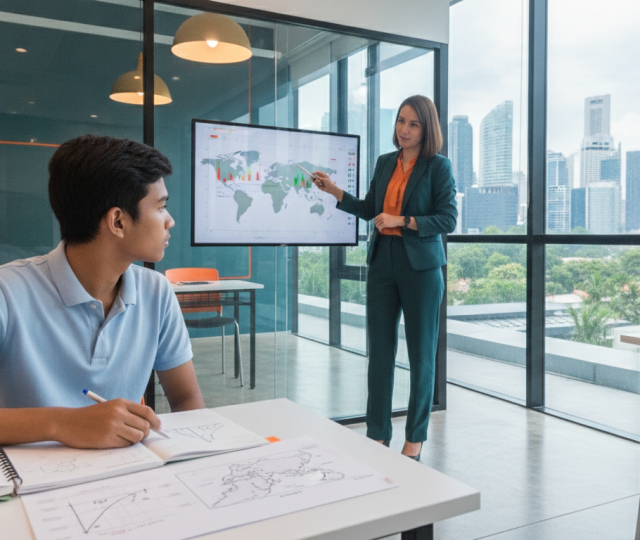 Teen student studies with tutor in modern Singapore classroom, showcasing economic notes and digital graphs.