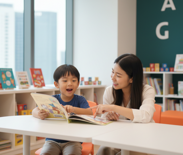 Warm classroom scene with Asian child reading aloud, supported by smiling female educator.