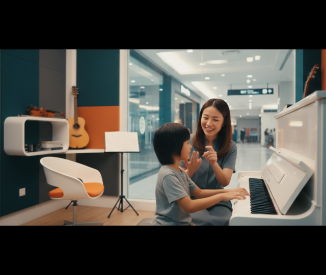 Young Asian child at piano with teacher in modern Singapore music school, warm lighting, teal and charcoal decor.
