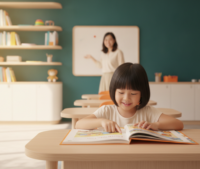 Young Asian child reading storybook in modern Singapore classroom, warm lighting, tutor nearby.