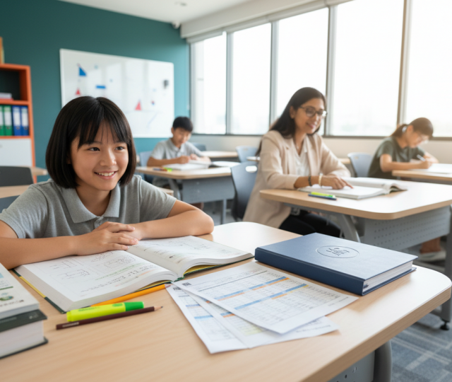 Young Asian student at a modern desk with tutor in a bright Singapore tuition center.