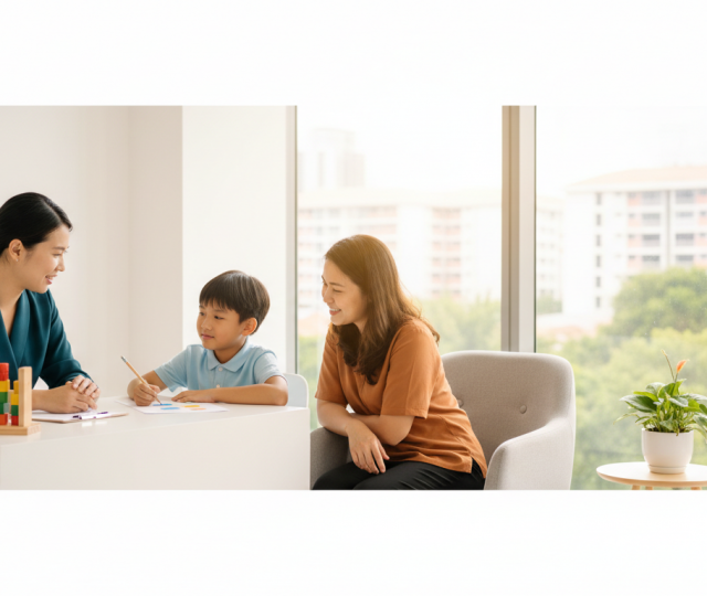 Asian woman in teal engages with Southeast Asian child at desk, Singapore clinic setting.