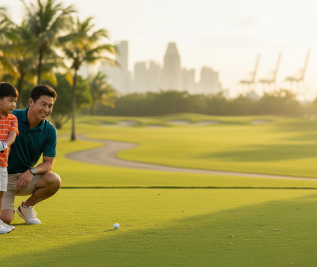 Child and coach on Singapore golf course at golden hour, vibrant colors, warm, educational mood.