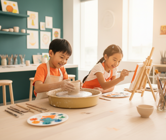 Children creating art in a modern Singaporean studio, pottery and painting in focus.