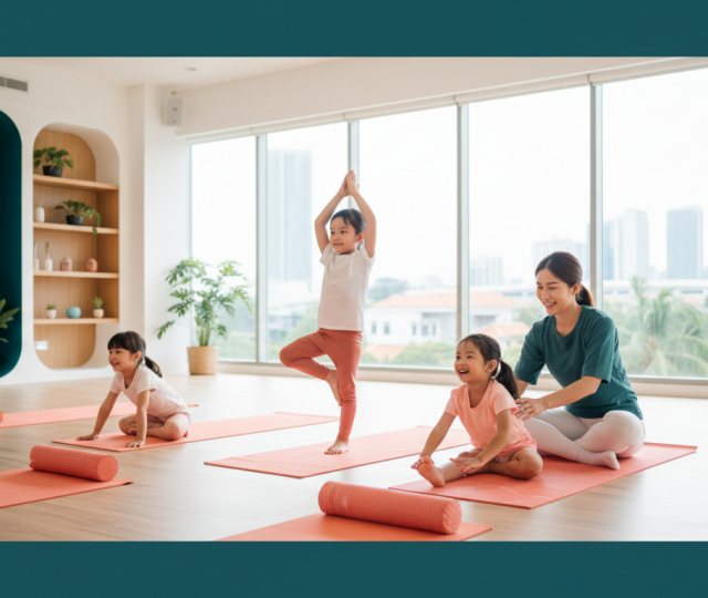 Children in a modern yoga studio joyfully practicing poses with a warm instructor in Singapore.