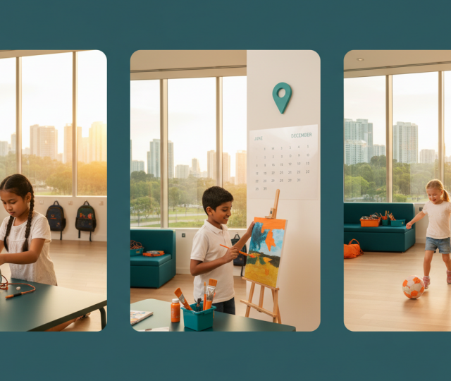Children in Singapore school setting: robotics, painting, soccer; tropical skyline backdrop.