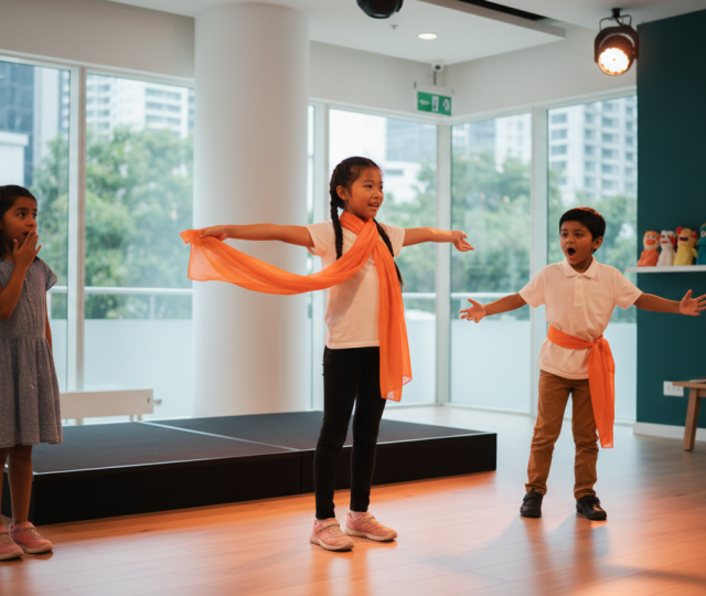 Children in Singapore studio performing drama, vibrant and multicultural.