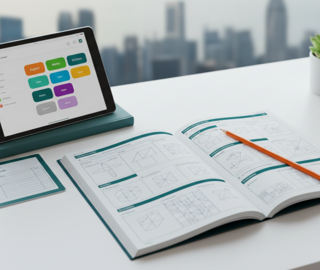 Editorial flat-lay of an exercise workbook, orange pencil, report card, tablet, succulent, Singapore skyline.