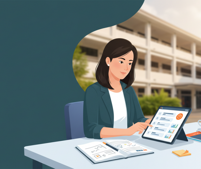 Focused Singaporean mother reviews school choices on tablet at desk with school brochures, modern school in background.