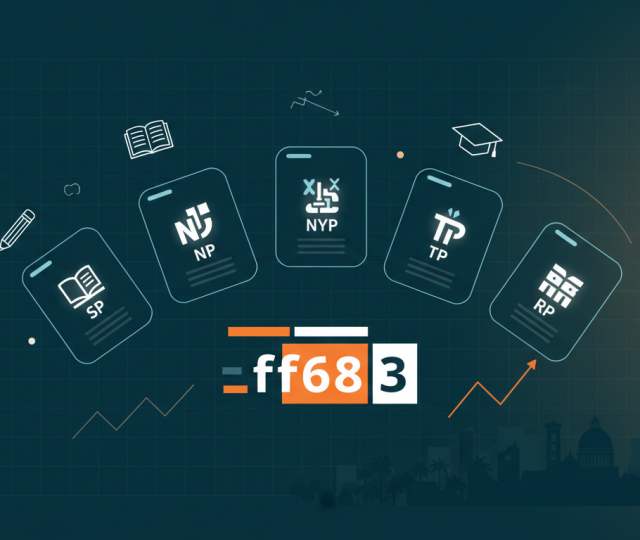 Infographic banner with Singapore polytechnic icons, scoring display, and academic symbols on teal.