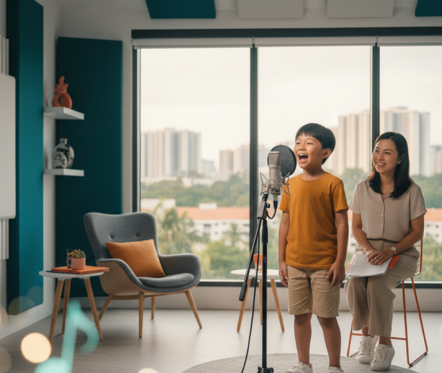 Joyful Asian child singing at microphone in modern Singapore music studio, warm inspiring mood.
