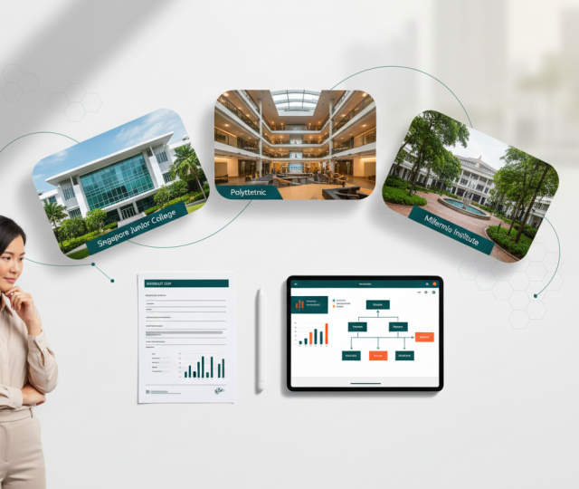 Modern Singapore educational scene with pathway cards, tablet, and parent.