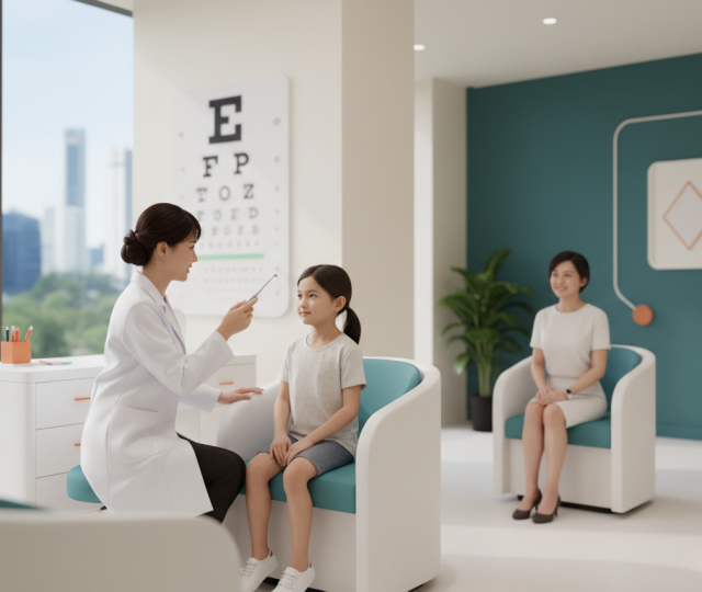 Paediatric eye specialist conducts vision test on child in modern Singapore clinic.