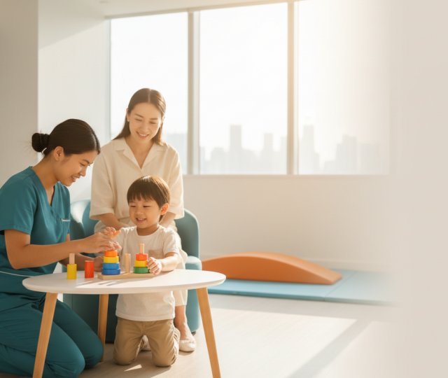 Pediatric therapist assists child with fine-motor activity in modern Singapore clinic.
