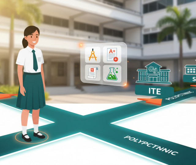 Singaporean student at crossroads with paths to polytechnic, ITE, and secondary school.