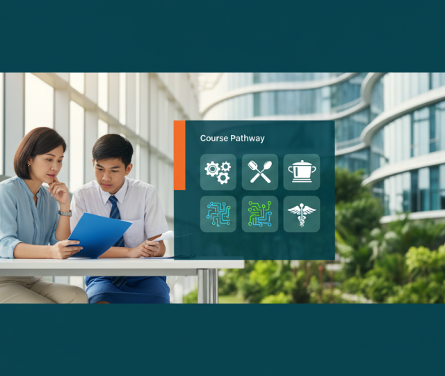 Smartly dressed Asian mother and student reviewing course guide in Singapore's modern campus setting.