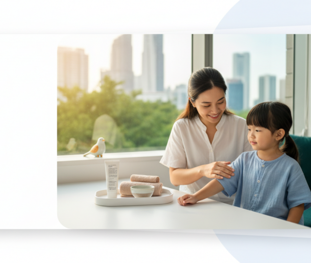 Southeast Asian mother applying moisturizer to preschool child in bright Singapore home.