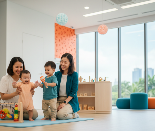 Southeast Asian mother guides baby with toy in bright Singapore classroom.