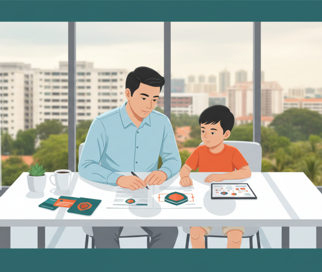 Southeast Asian parent and child at desk with documents and tablet in modern Singapore setting.