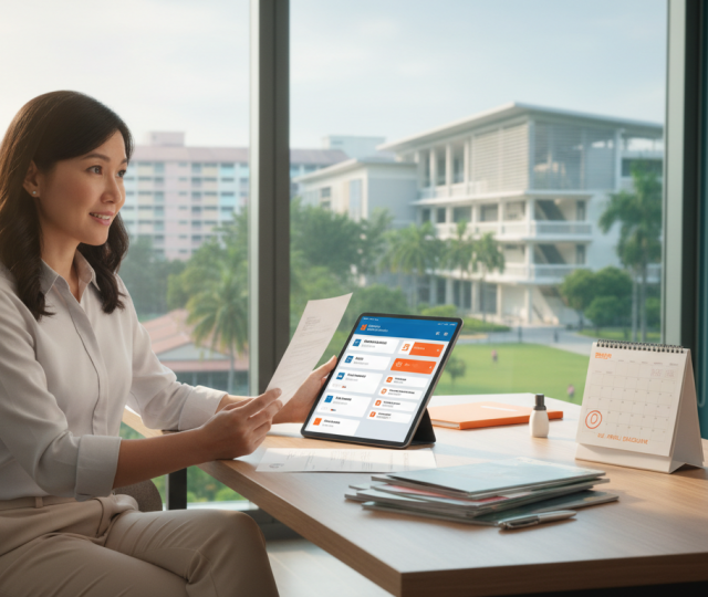 Southeast Asian woman reviews school documents at home desk, view of Singapore neighborhood through window.