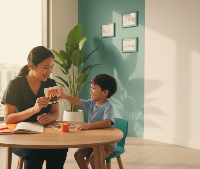 Therapist engages child with animal card in a sunny Singapore therapy room.