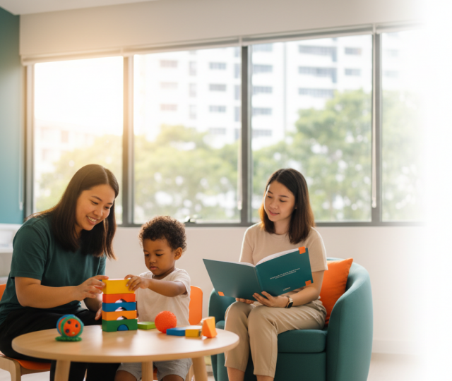 Therapist guides child in bright Singapore intervention center; parent observes.