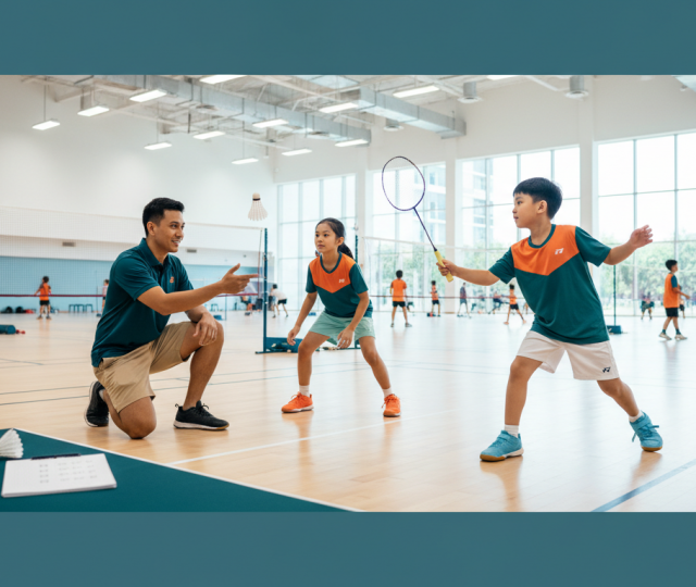 Two young Asian kids play badminton in a modern Singapore sports hall, coached energetically.