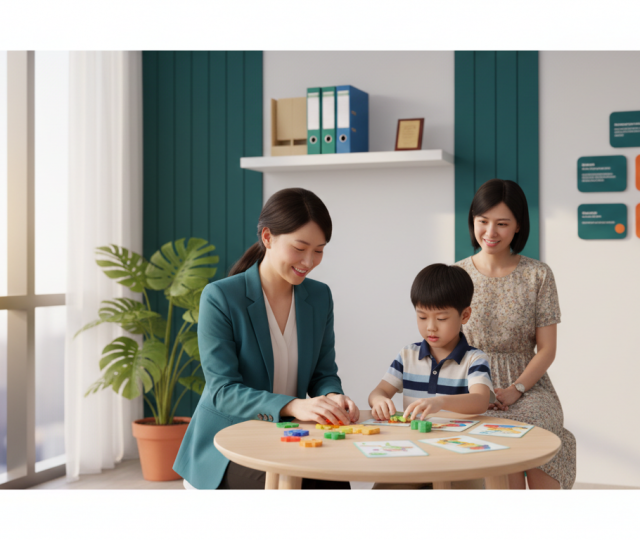 Warm child psychology clinic in Singapore: psychologist and child interact over puzzles, mother observes.