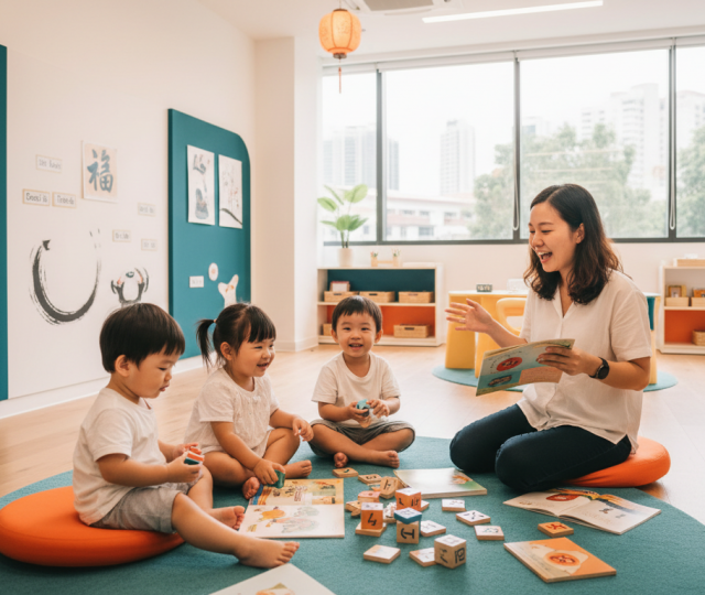 Warmly lit Mandarin classroom with toddlers, teacher, and colorful learning materials.