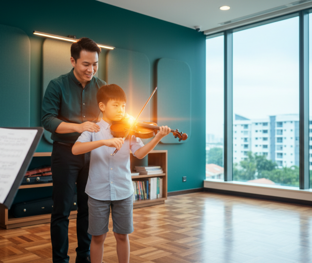 Young Asian child learning violin in bright Singapore music studio with teacher.
