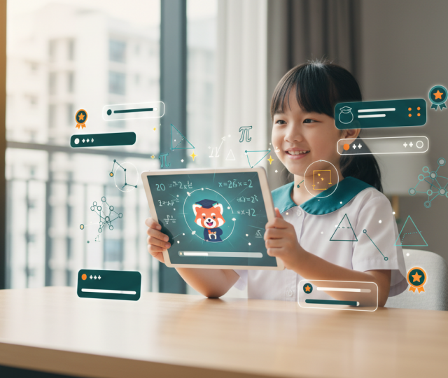 A Singaporean child in uniform joyfully uses a tablet with math apps in a modern home setting.