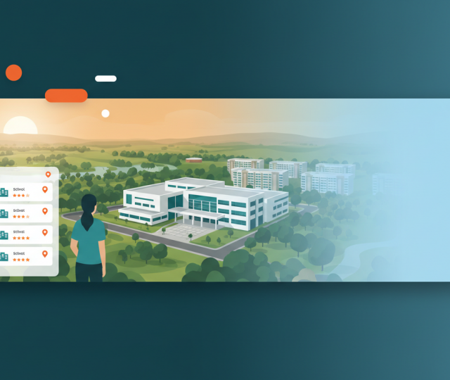 Aerial view of Jurong, Singapore with landmarks, school campus, and UI overlay.