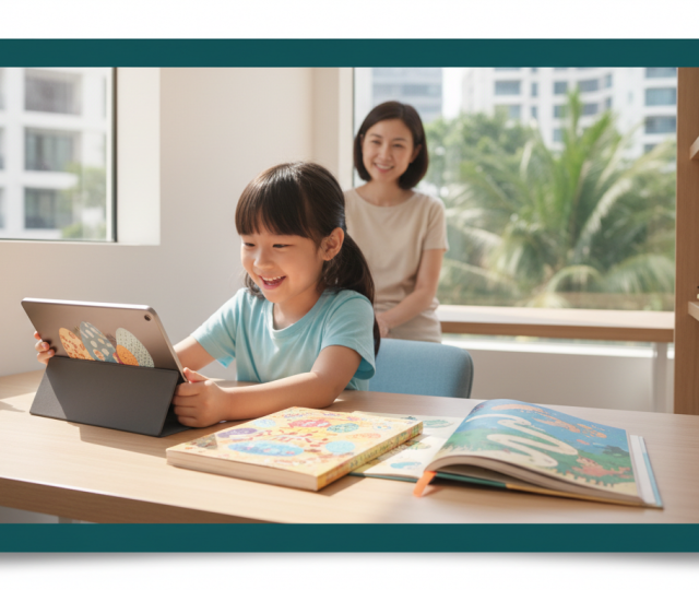Asian child reading tablet at desk in bright Singapore home, books fanned out, parent watching.