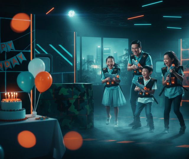 Asian family joyfully playing laser tag in a neon-lit arena, blending birthday party elements.