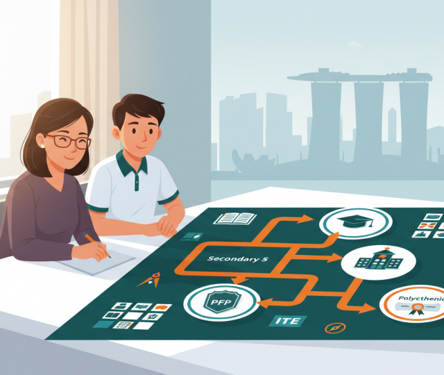 Asian parent and teen review roadmap chart at minimalist desk in bright Singapore study.